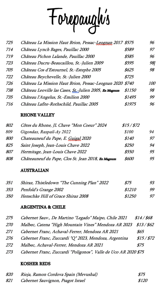 Forepaughs August Wine List